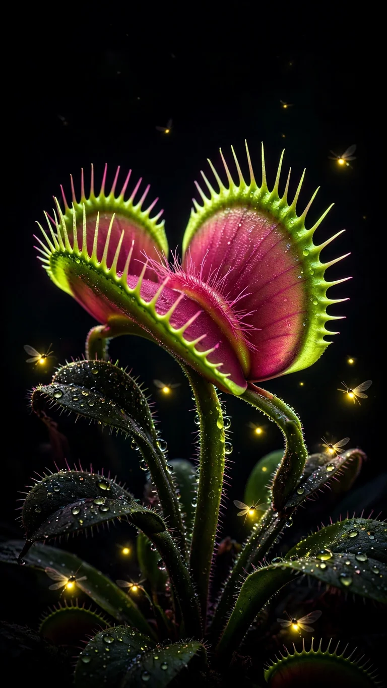 Glowing Venus Flytrap Night - luminous green and magenta Venus flytrap with fireflies at night, AMOLED wallpaper