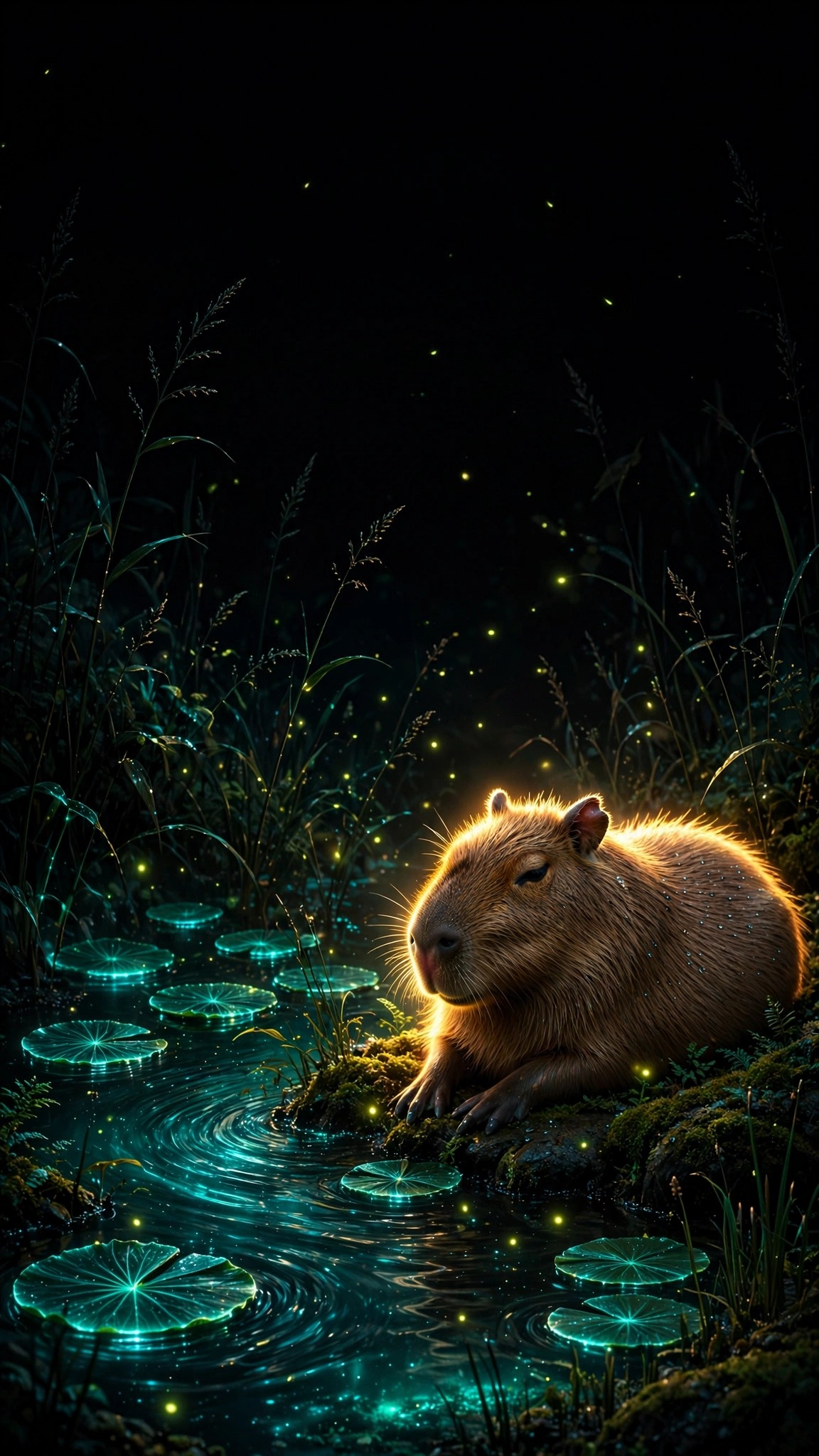 Neon Capybara Pond - calm capybara by a glowing teal pond with lily pads and fireflies, AMOLED wallpaper