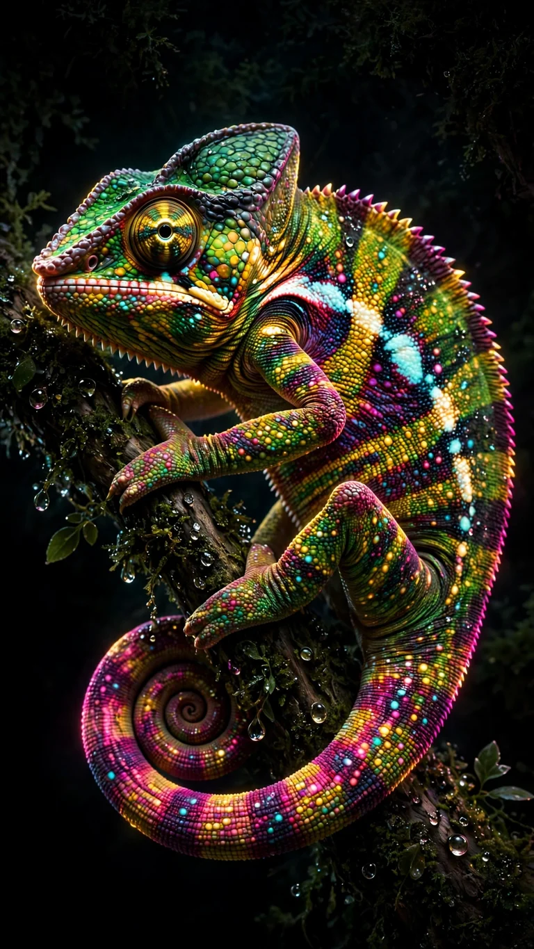 Neon Chameleon Branch - vivid multicolor chameleon curled on dark branch at night, AMOLED wallpaper