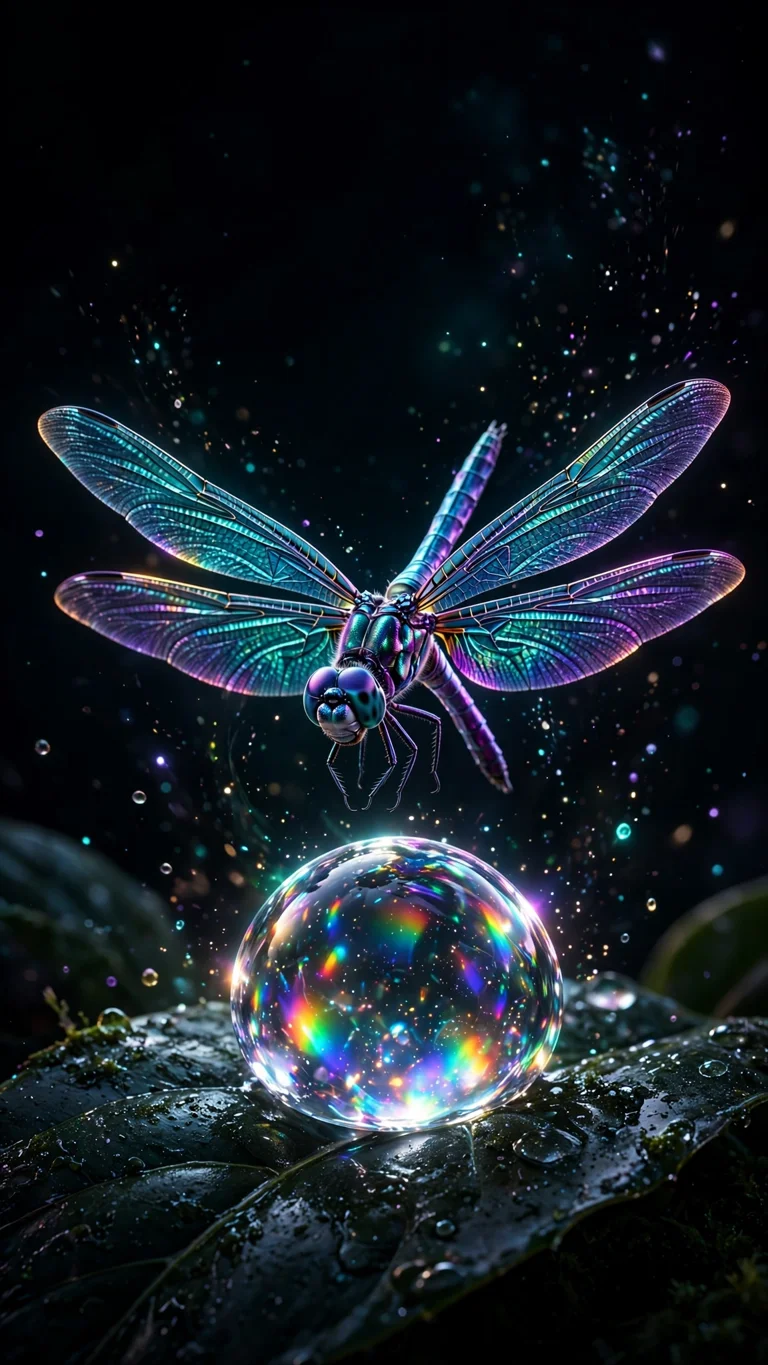 Neon Dragonfly Dewdrop - iridescent dragonfly above a glowing rainbow dewdrop on dark leaf, AMOLED wallpaper