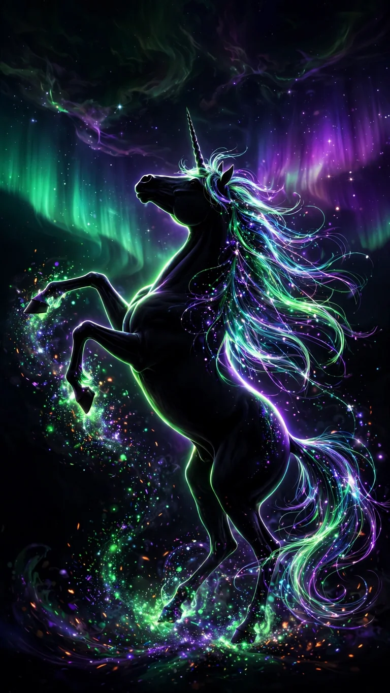 Neon Unicorn Aurora - black unicorn rearing under green violet aurora, glowing mane, AMOLED wallpaper
