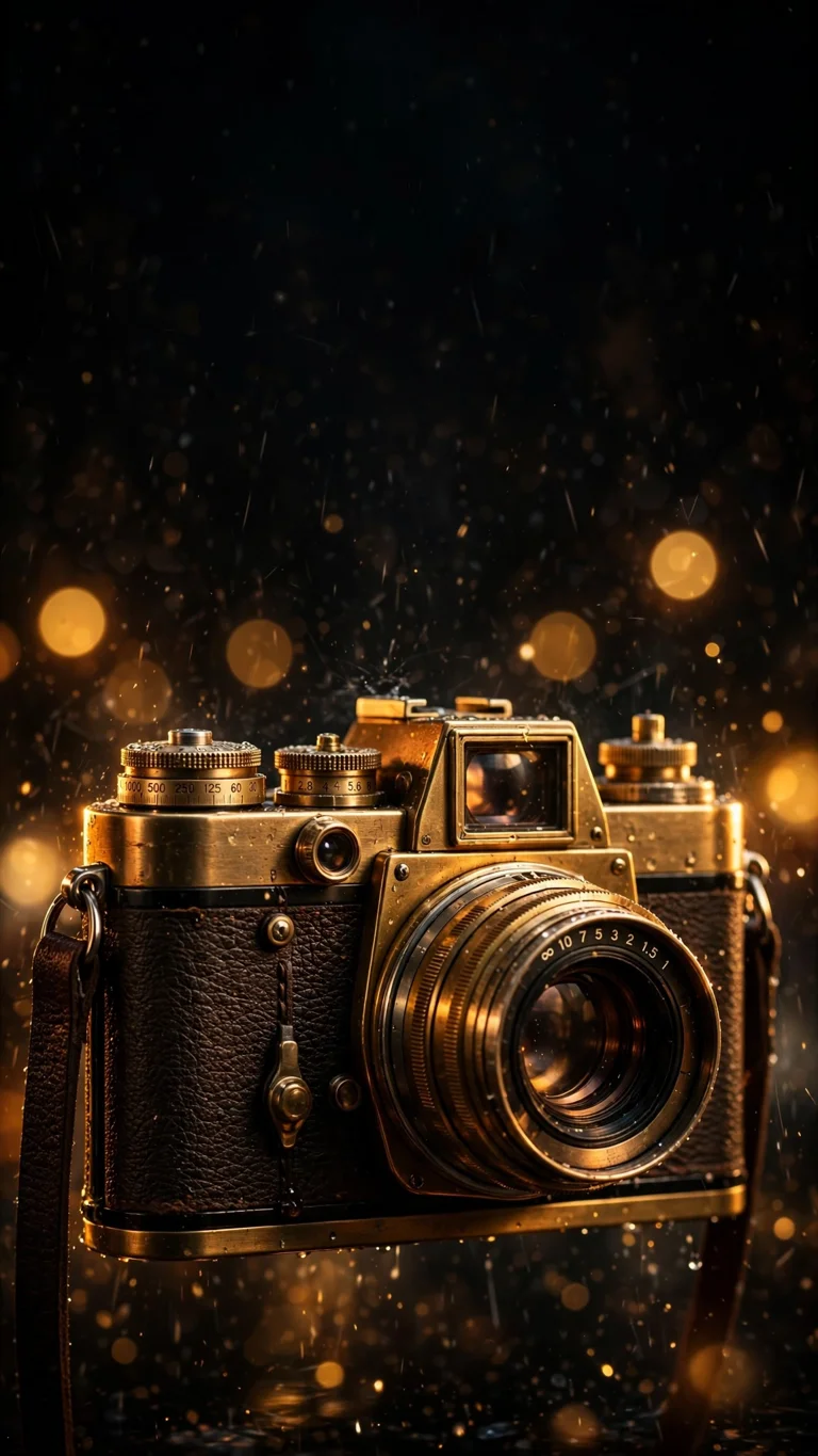 Neon Vintage Camera Night - brass vintage film camera glowing amber with golden bokeh at night, AMOLED wallpaper