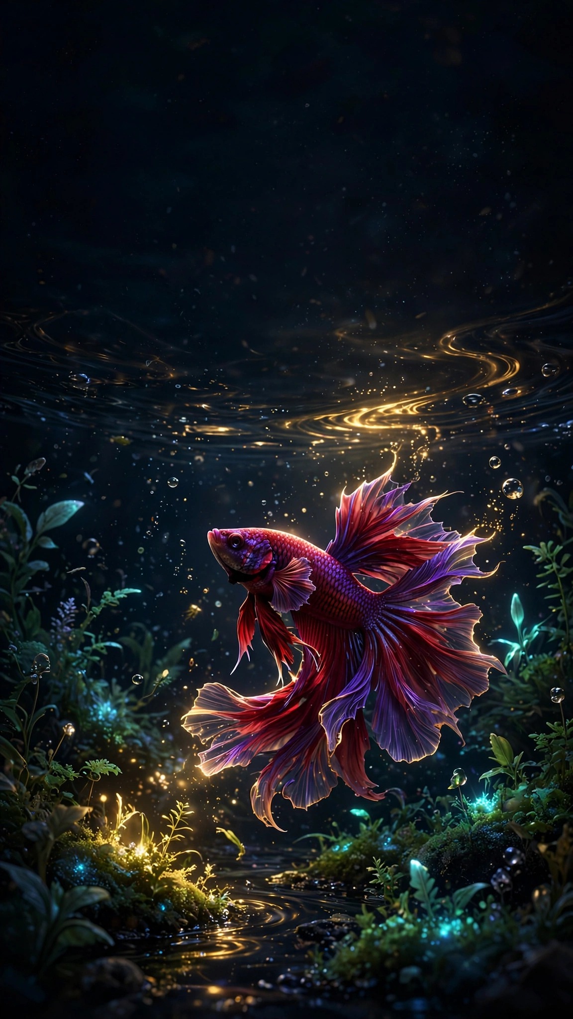 Glowing Betta Dark Pond AMOLED wallpaper