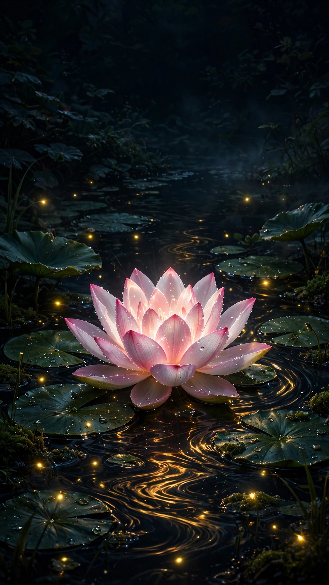 Glowing Lotus Night Pond AMOLED wallpaper