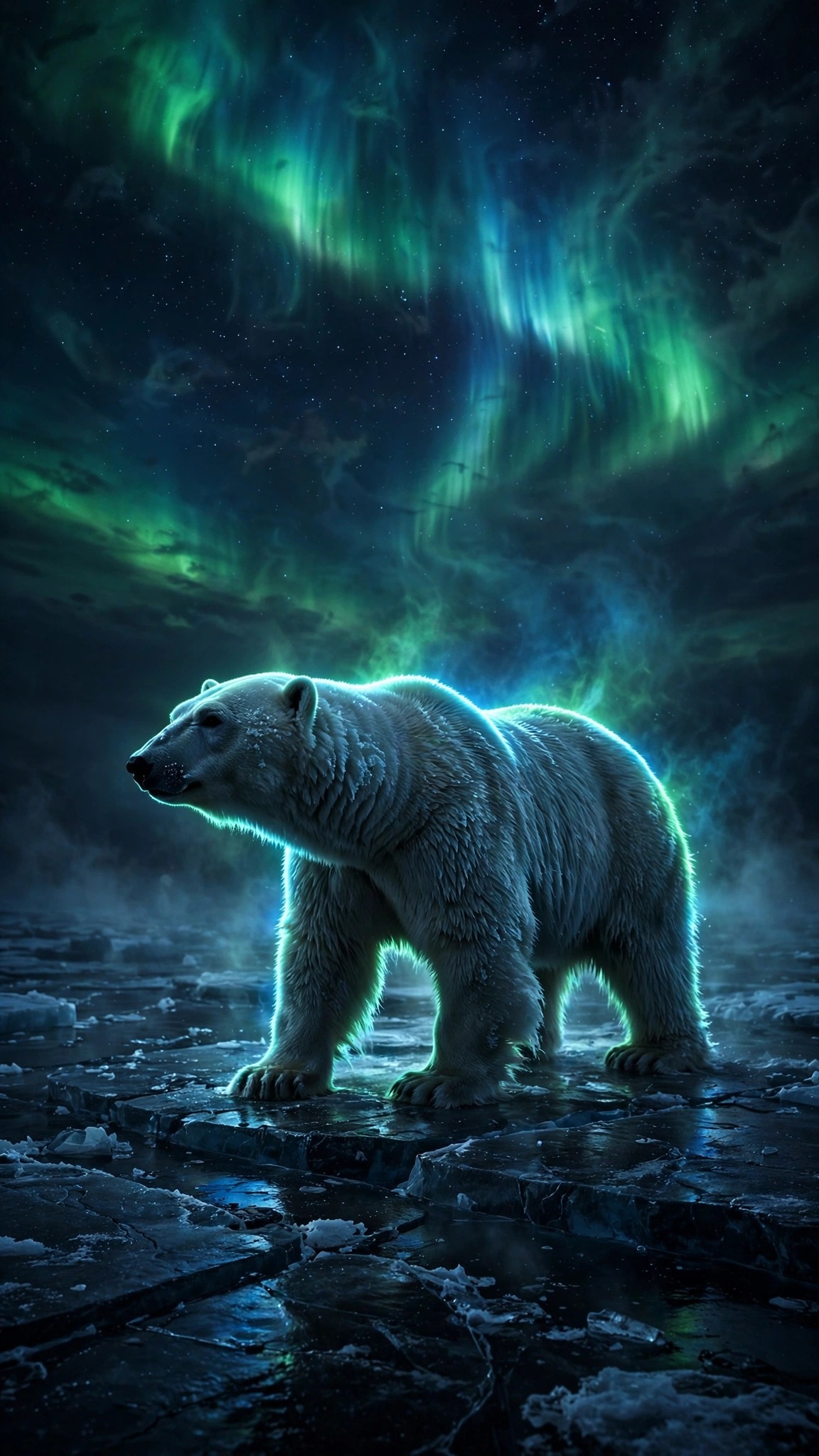 Glowing Polar Bear Beneath the Aurora - free phone wallpaper