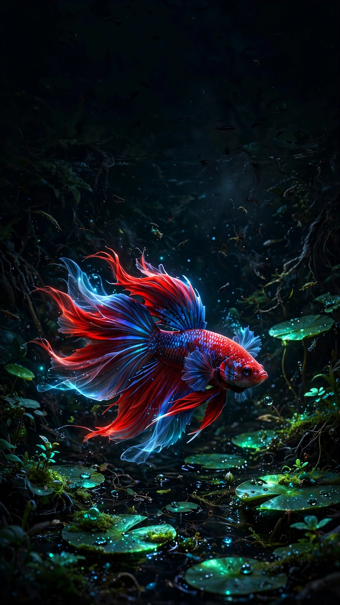 Neon Betta Fish in a Dark Pond - free phone wallpaper