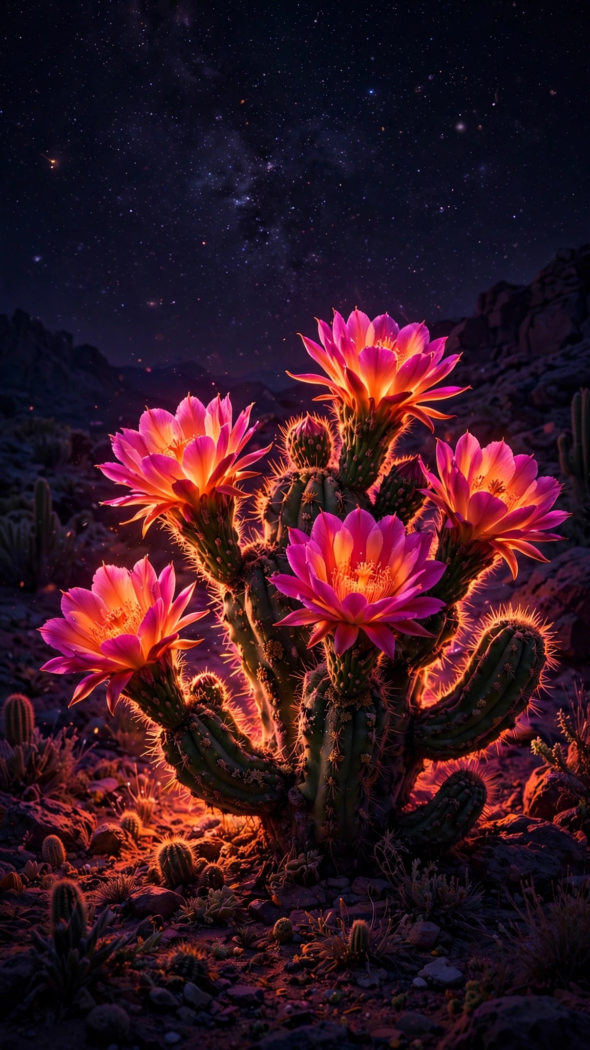 Neon Cactus Bloom in the Desert Night - free phone wallpaper