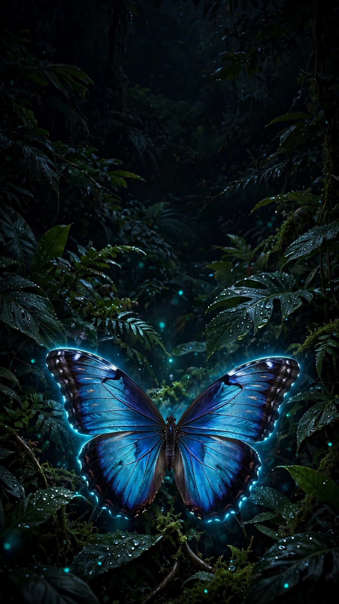 Neon Morpho Butterfly in a Night Garden - free phone wallpaper