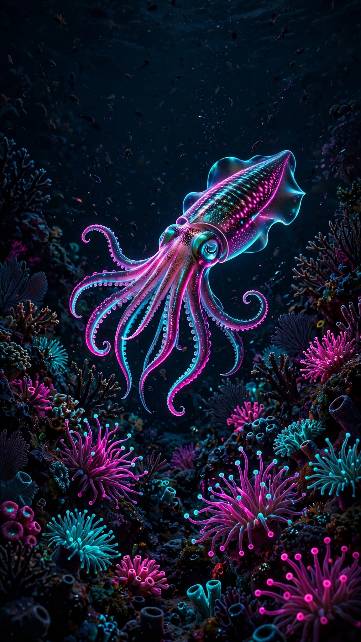 Neon Squid Glowing Over a Dark Reef - free phone wallpaper