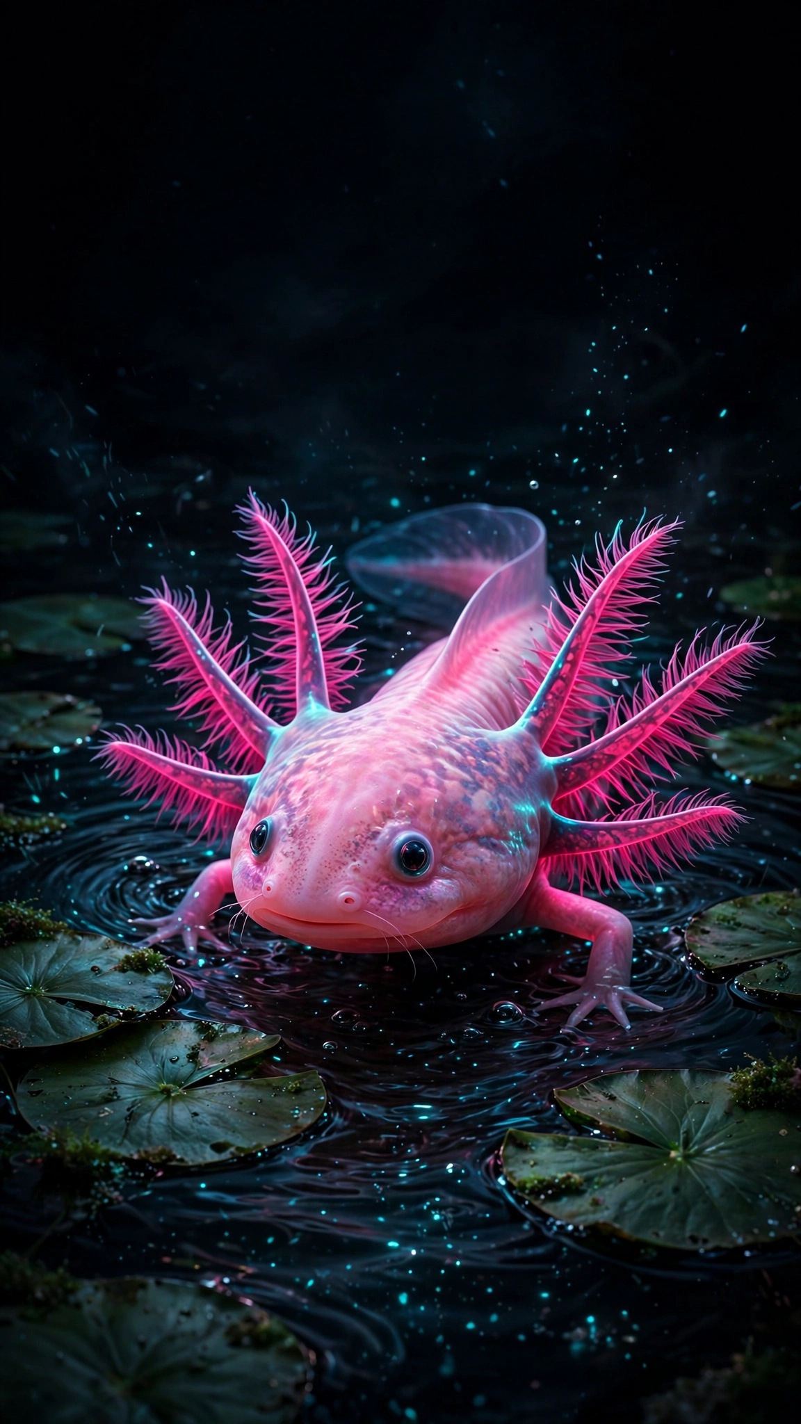 Glowing Axolotl Neon Pond Amoled Wallpaper