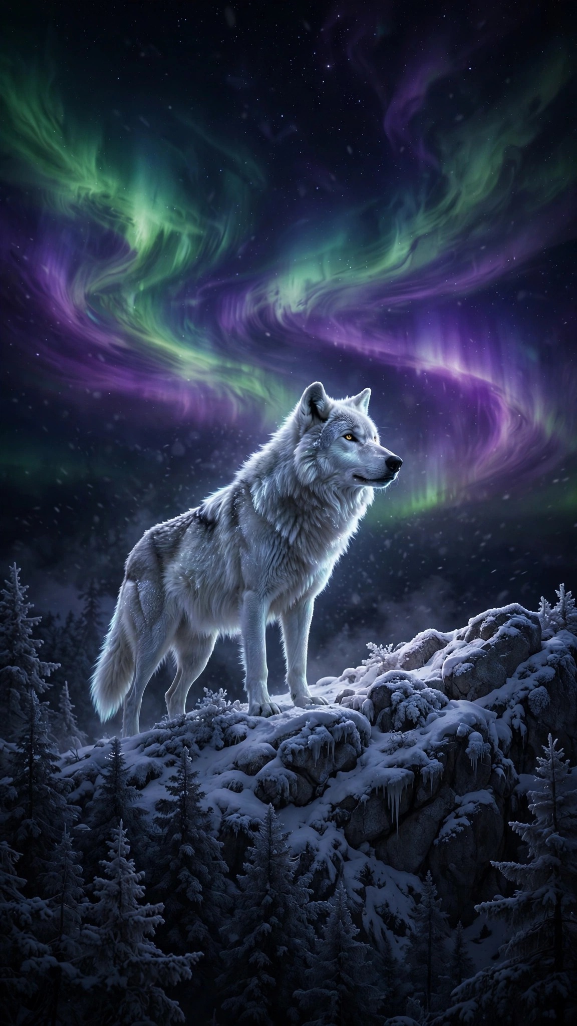 Glowing Wolf Aurora Night Amoled Wallpaper