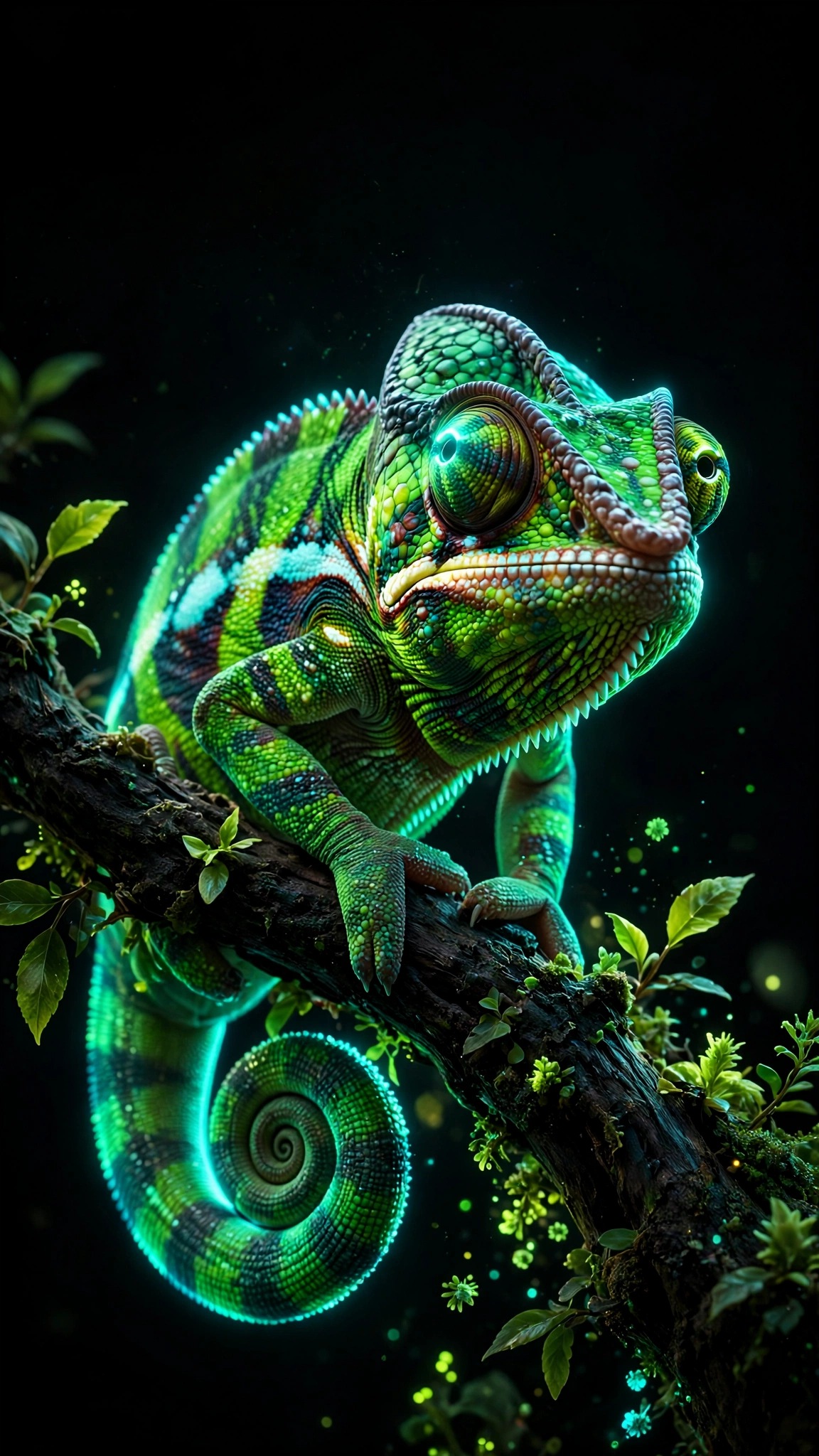 Neon Chameleon Branch Glow Amoled Wallpaper