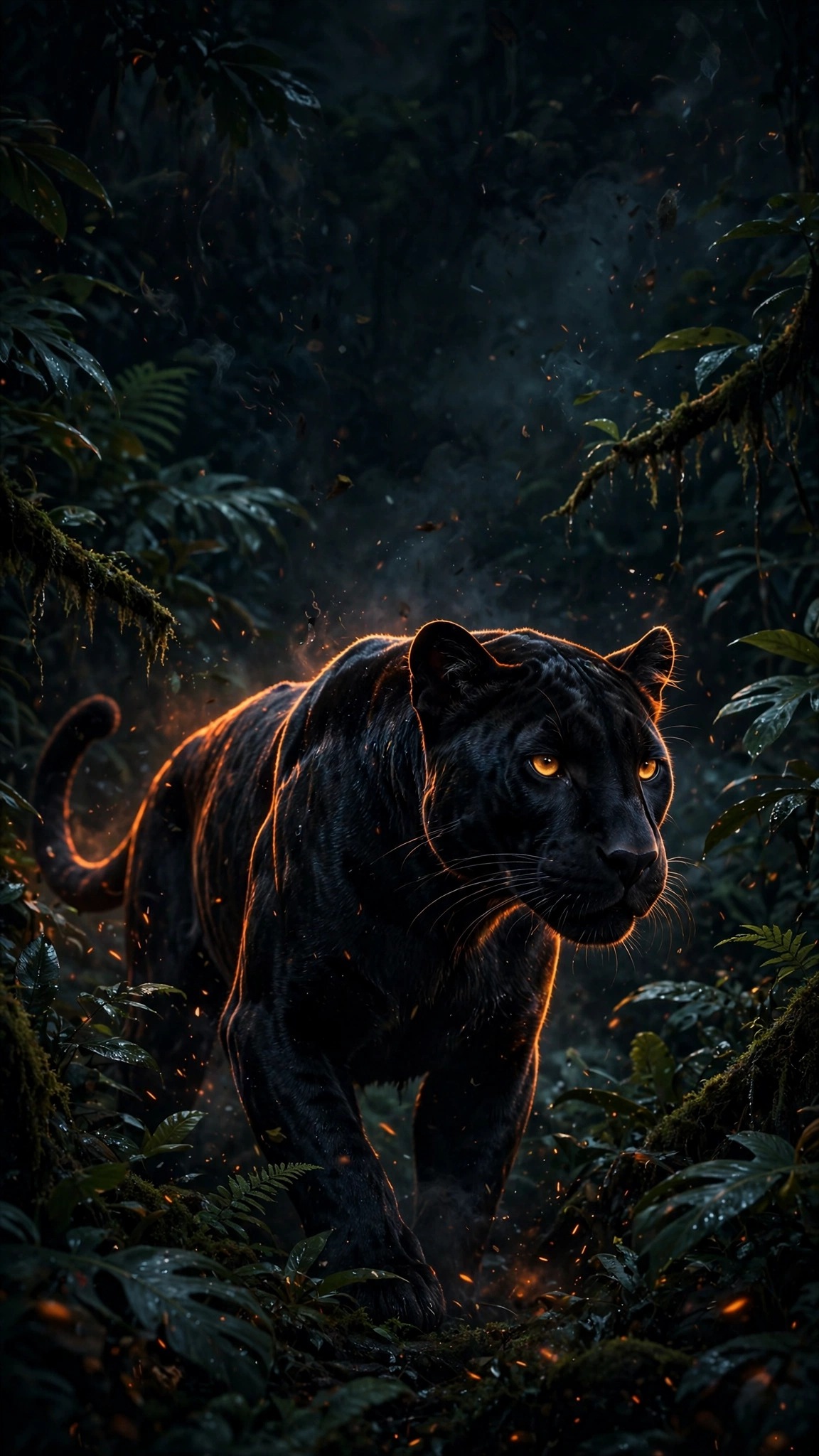 Black panther with amber eyes prowling through dark jungle at night wallpaper
