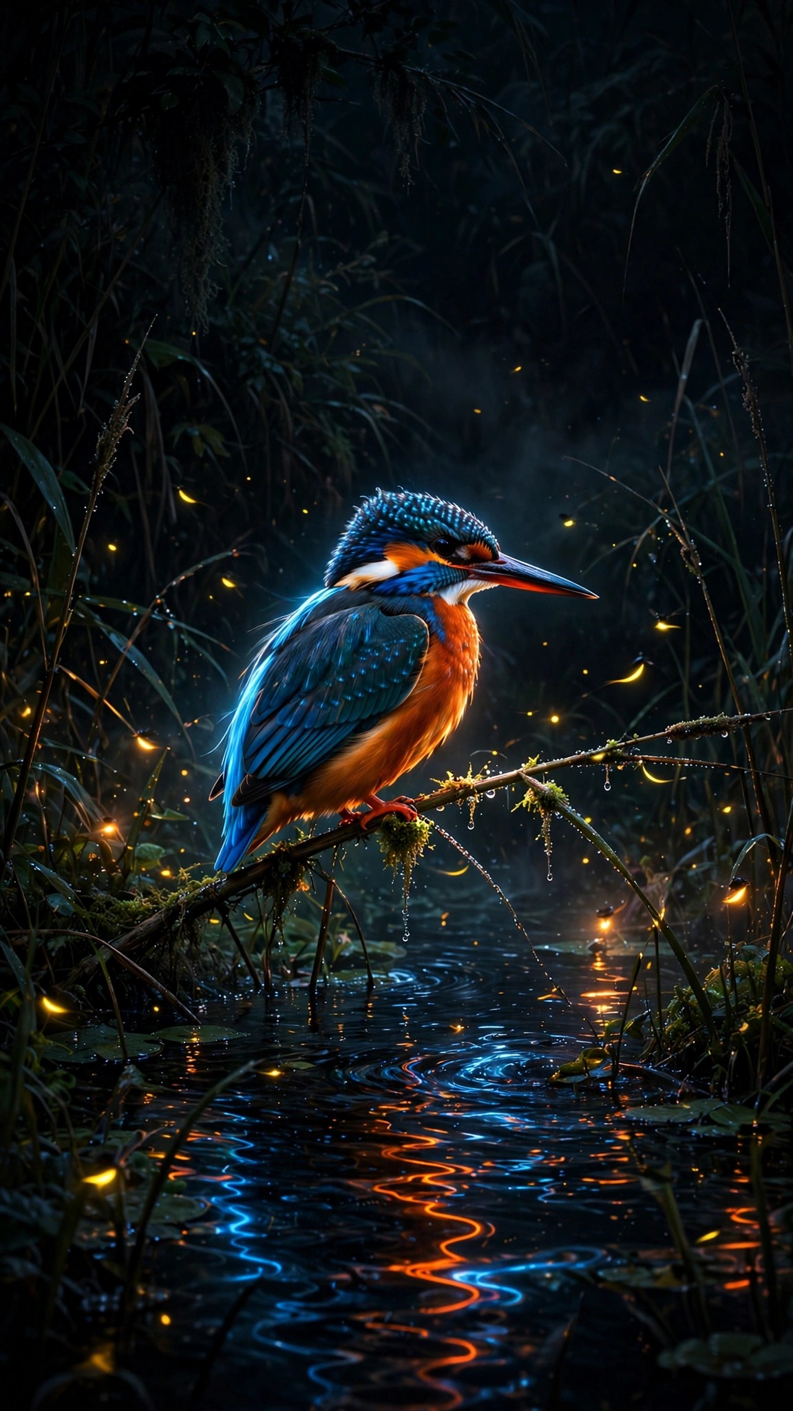 Orange and blue kingfisher perched over a dark night river wallpaper