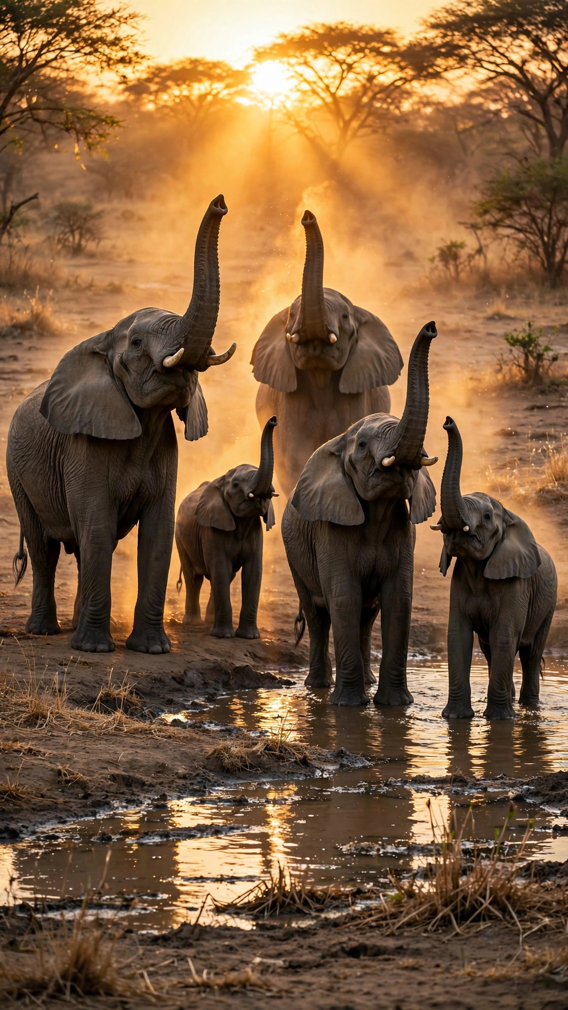 Elephant herd gathered at a dusty waterhole backlit by golden afternoon sun