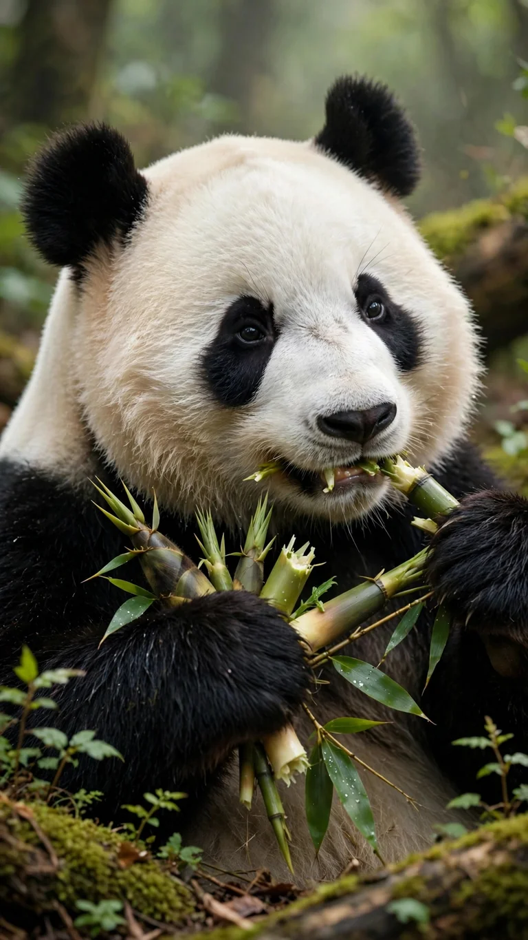 Giant panda contentedly munching fresh bamboo shoots