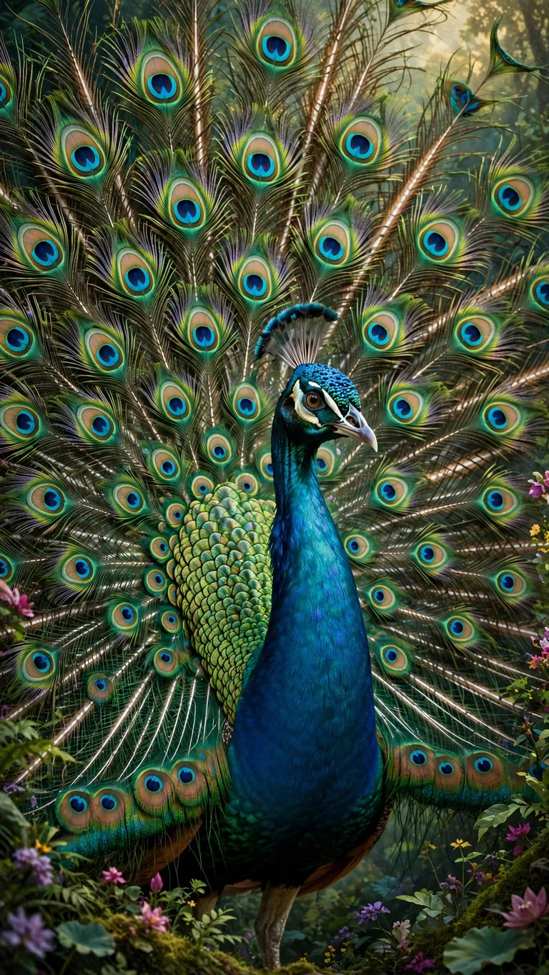 Indian peacock displaying its fully fanned iridescent tail with hundreds of eye spots
