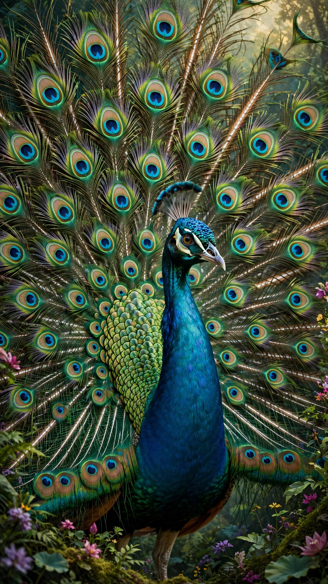 Indian peacock displaying its fully fanned iridescent tail with hundreds of eye spots