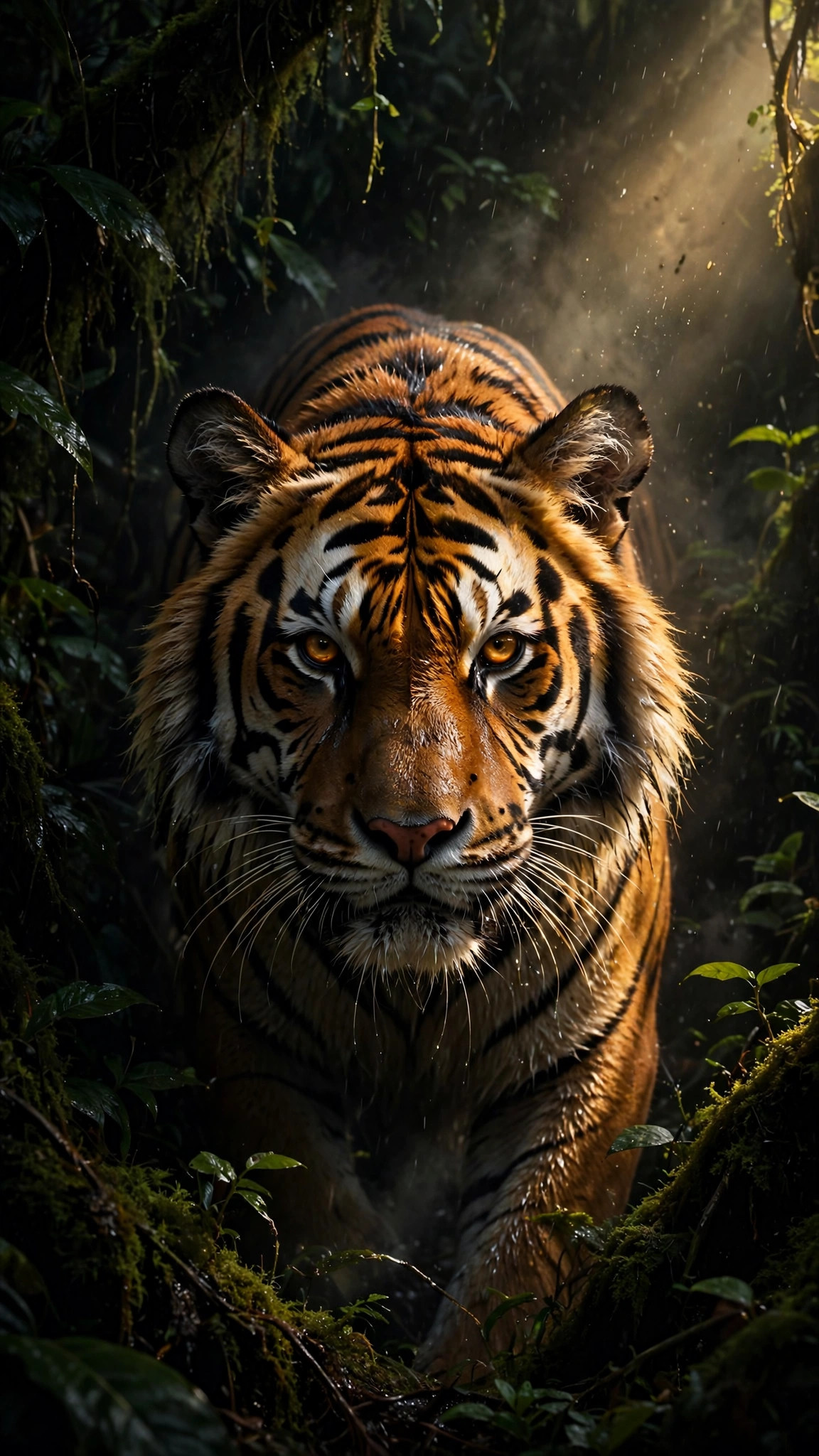 Magnificent tiger emerging from dark jungle shadows with an intense amber gaze