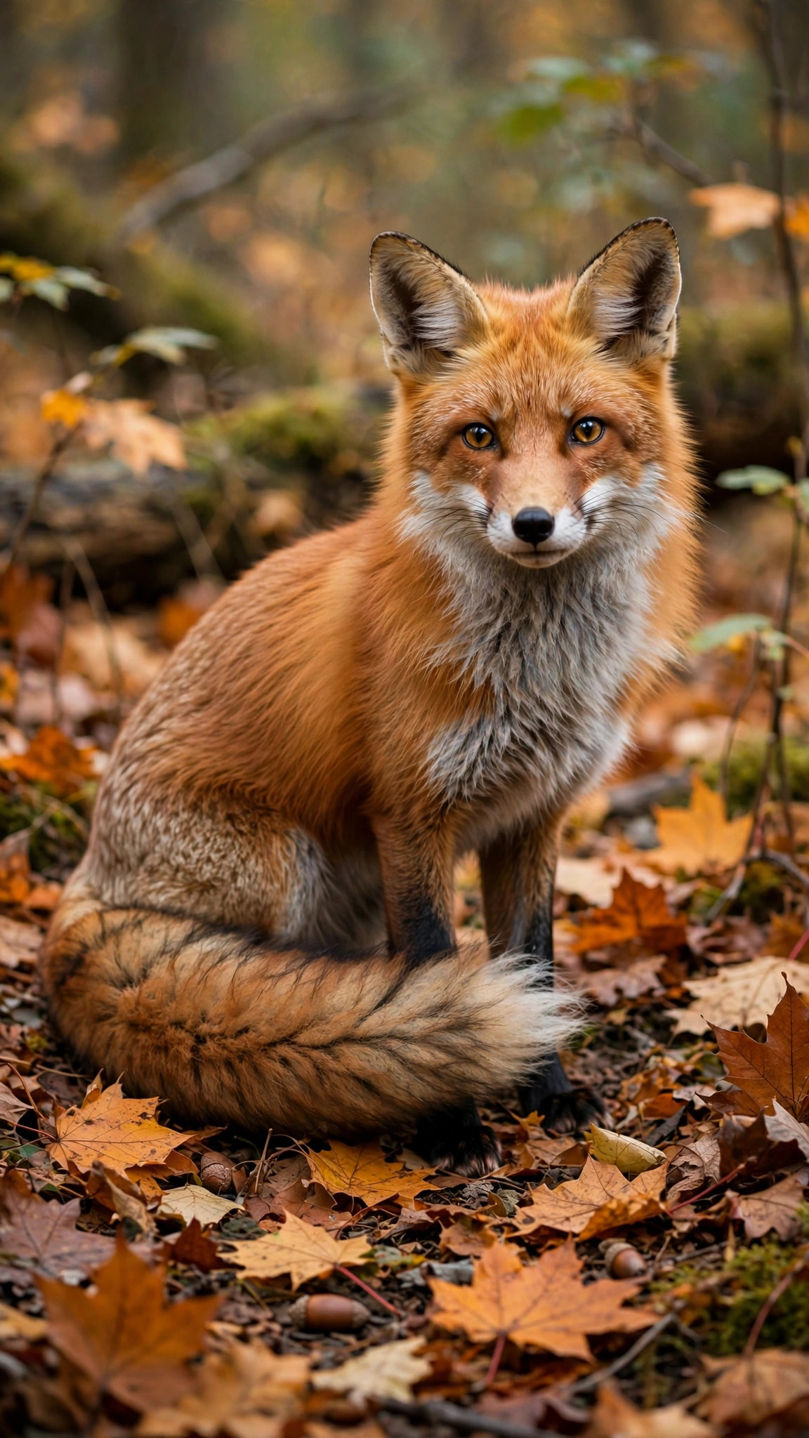 Red fox standing alert among fallen orange autumn leaves