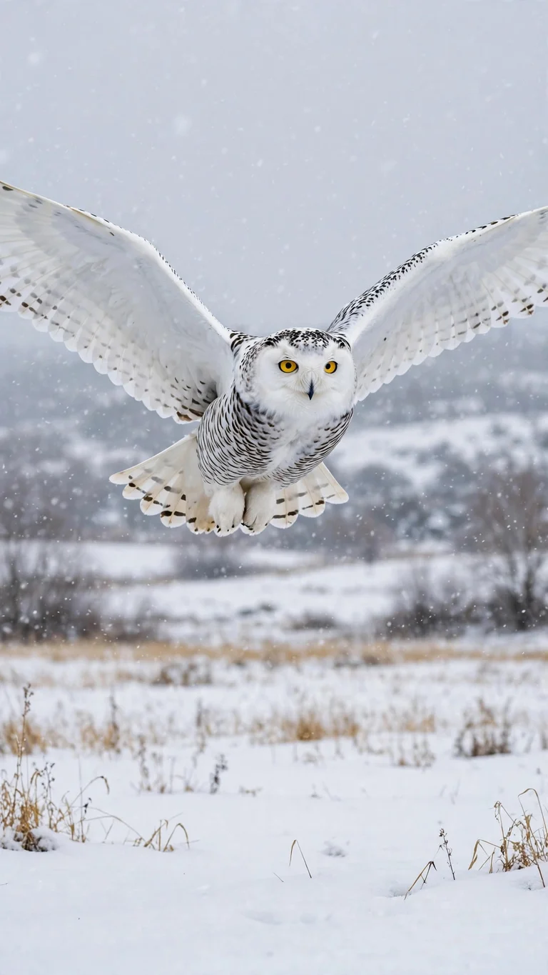 Snowy owl in graceful flight over a white winter field