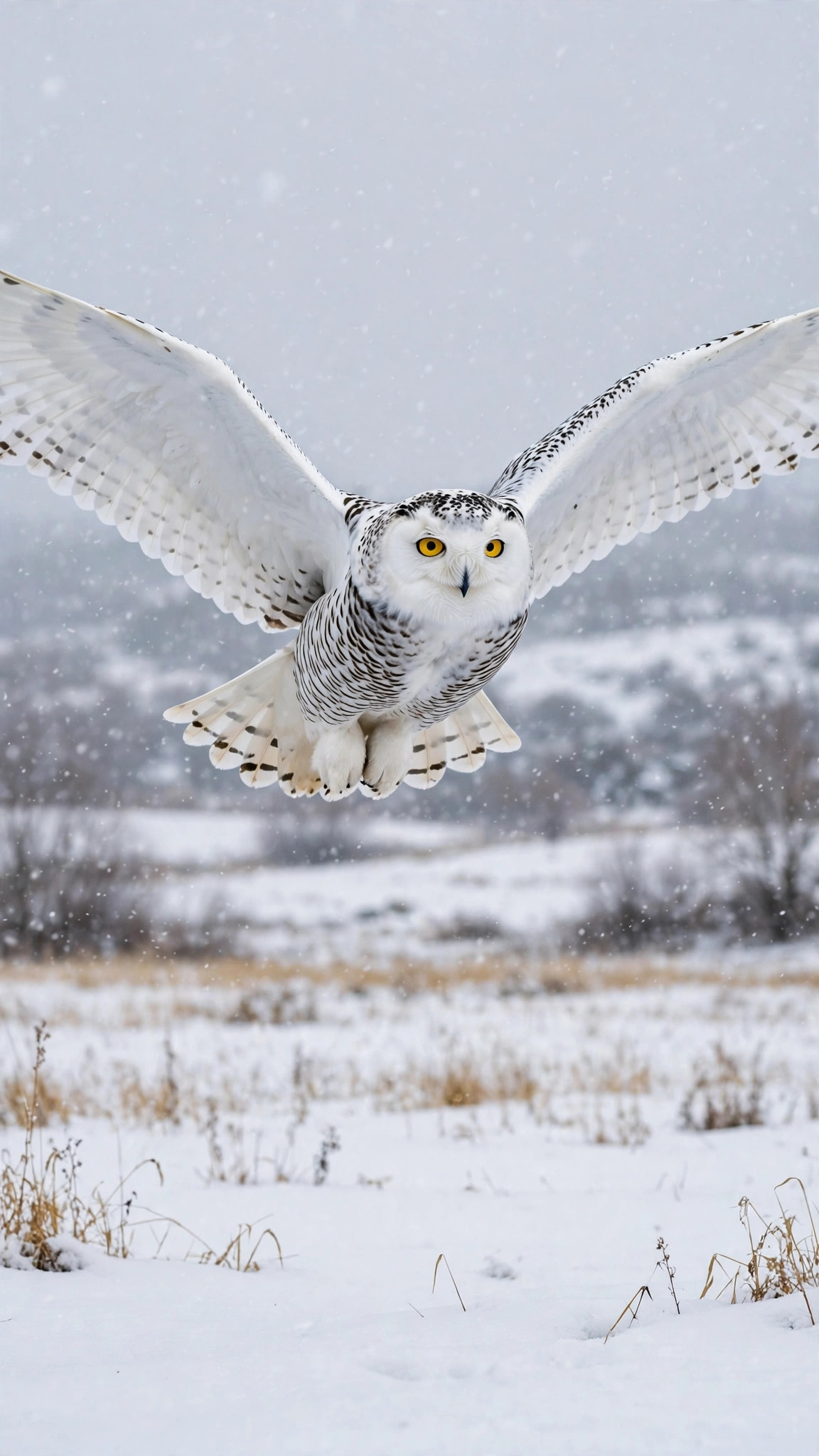 Snowy owl in graceful flight over a white winter field