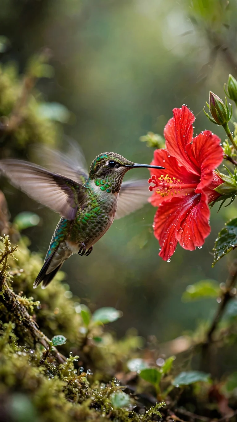 Tiny hummingbird frozen mid-hover beside a bright red flower