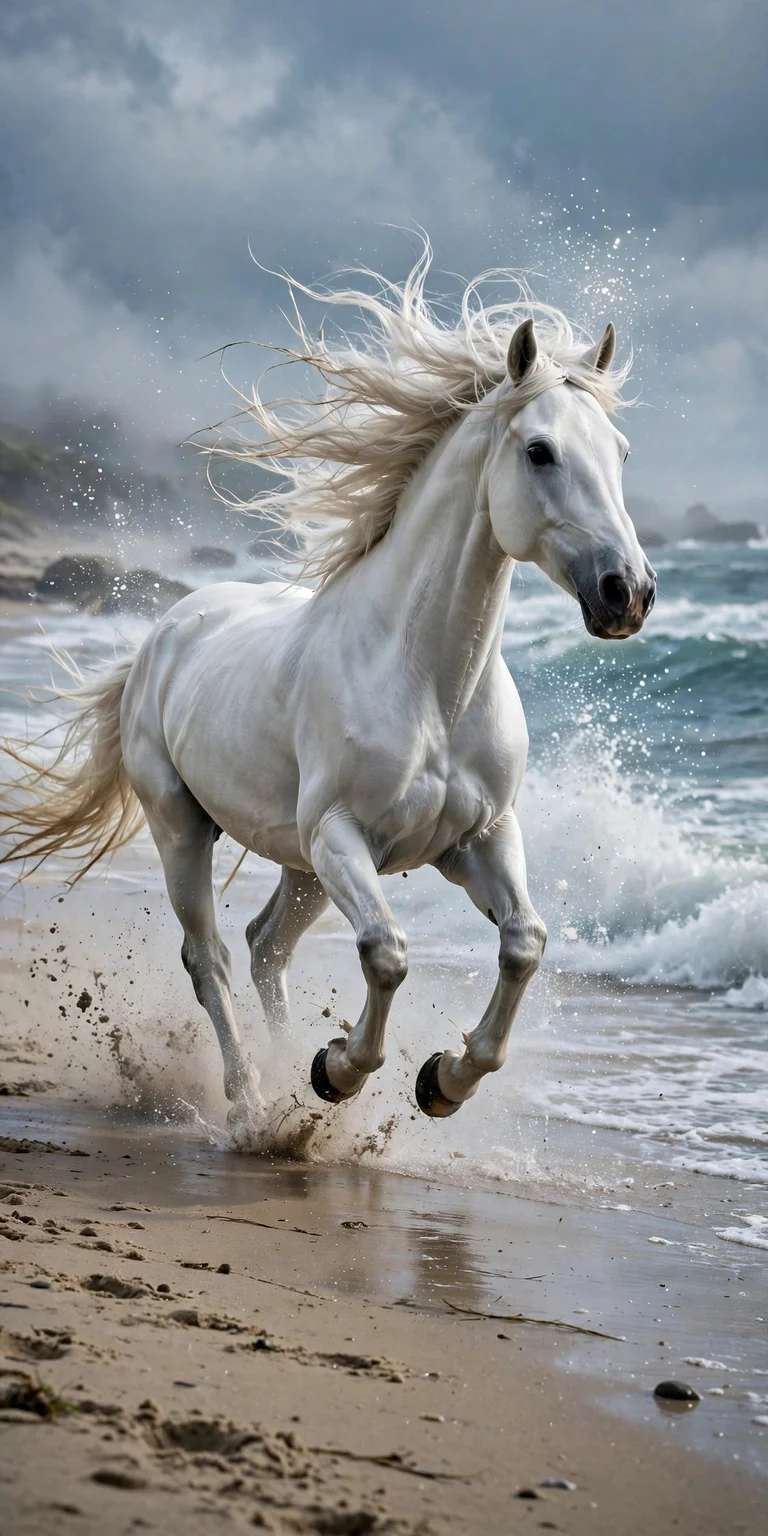 White horse galloping along a sandy beach with its mane flying in the wind