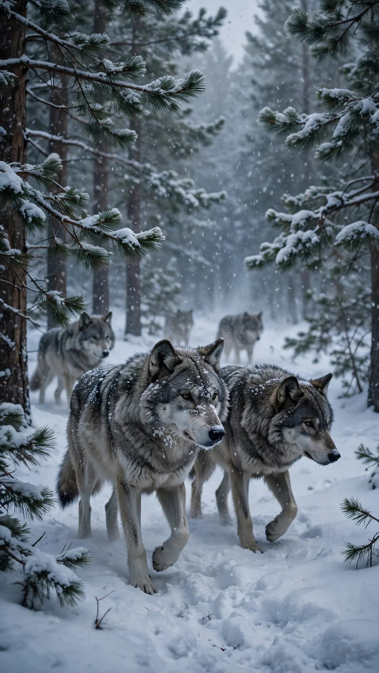 Wolf pack moving silently through falling snow in a pine forest