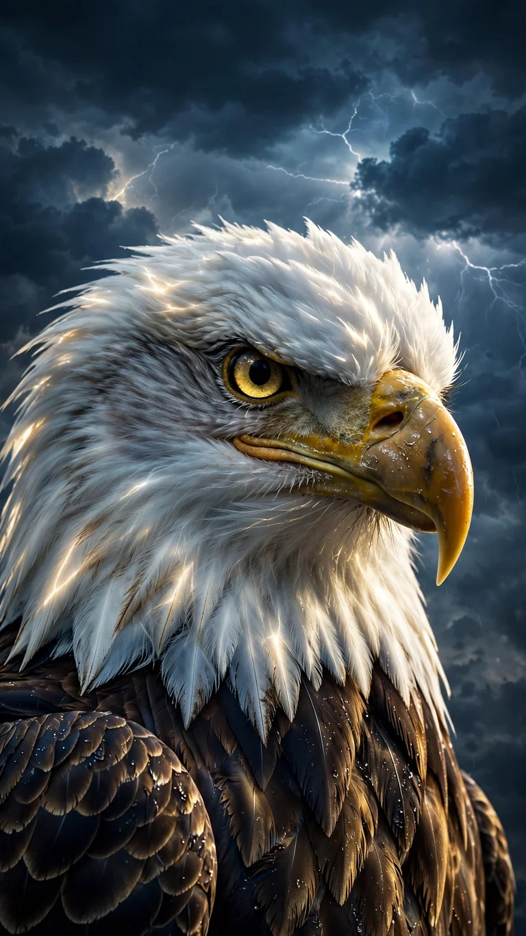 a bald eagle in dramatic close-up against a lightning-lit stormy sky