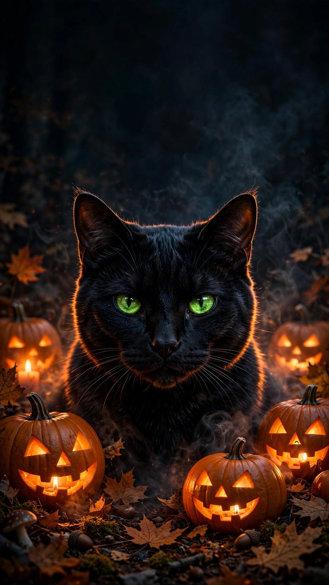 a black cat with glowing green eyes among glowing jack-o-lanterns