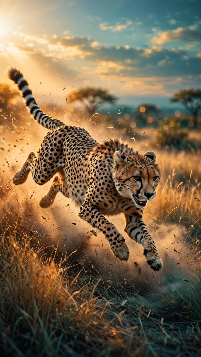 a cheetah sprinting at full speed across a golden sunset savanna