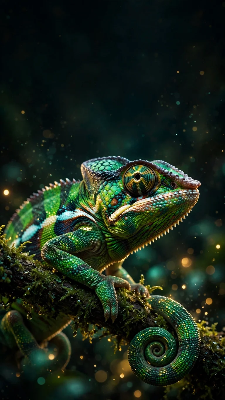 an emerald chameleon in extreme macro close-up on a mossy rainforest branch