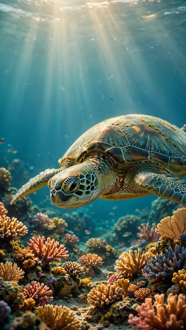 a green sea turtle gliding over a vibrant coral reef under sunbeams