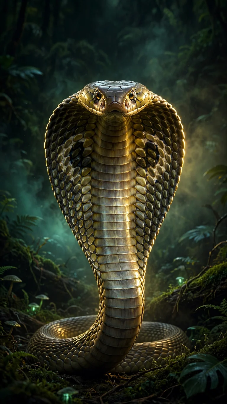 a king cobra with its hood fully raised in a dark jungle clearing