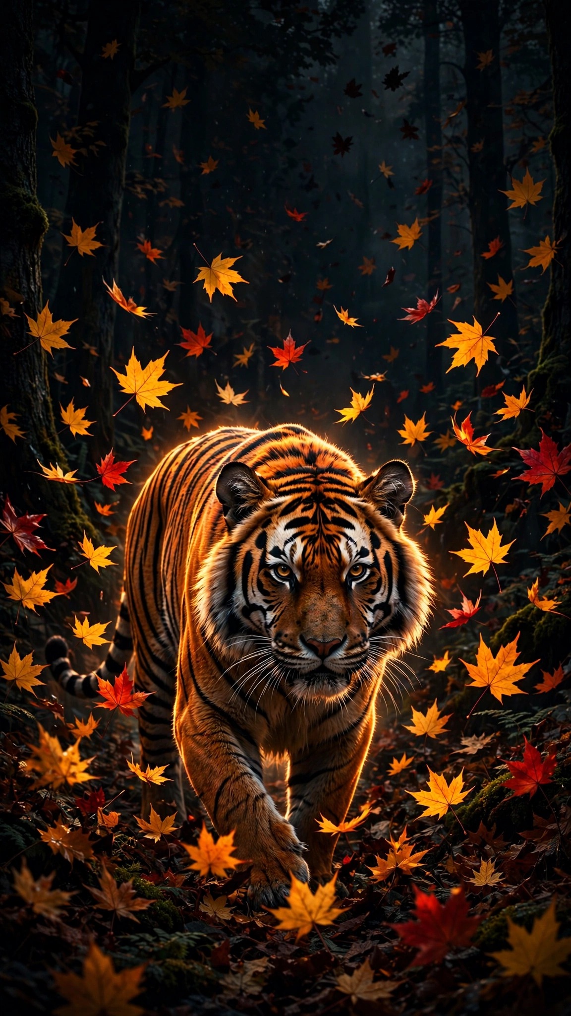 bengal tiger among falling autumn leaves wallpaper