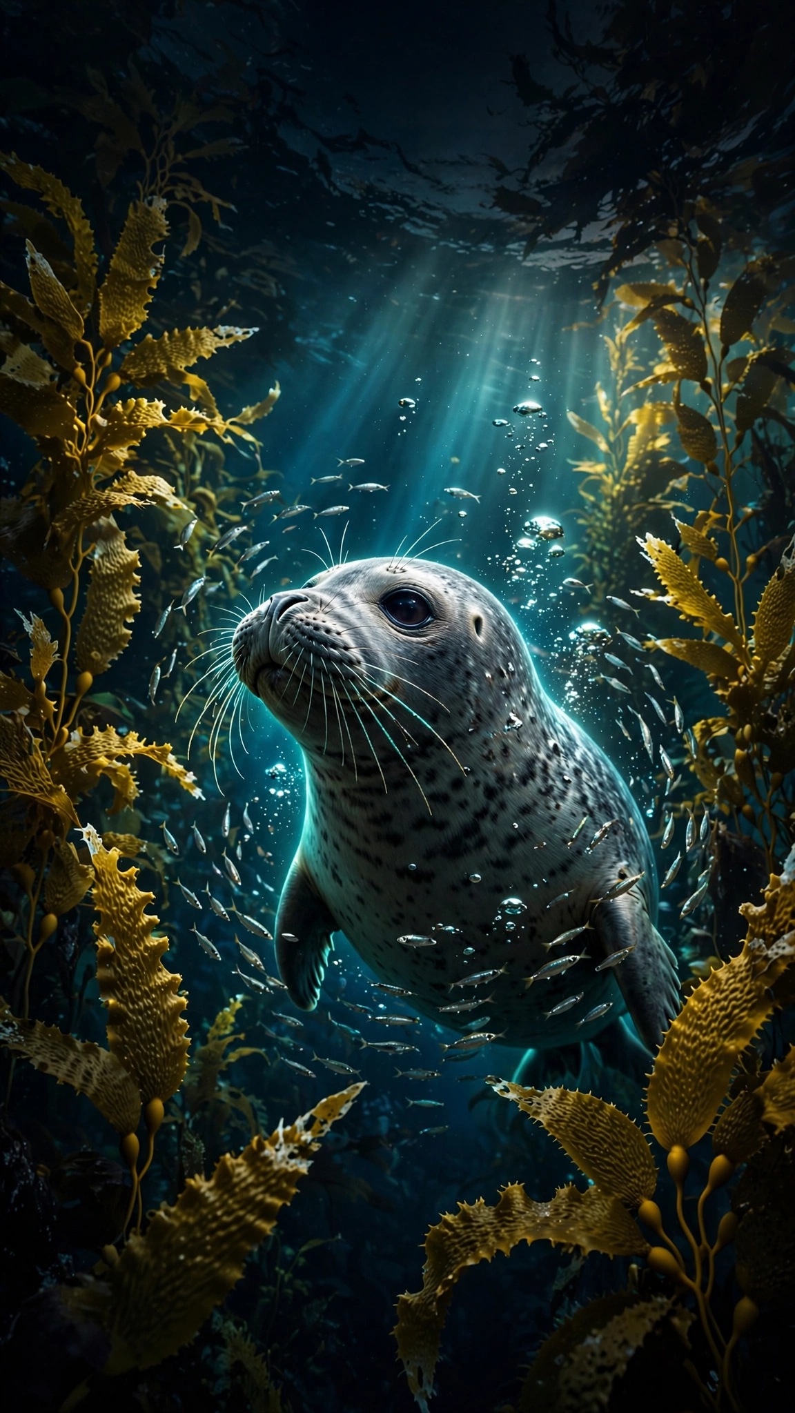 grey seal swimming in underwater kelp forest wallpaper