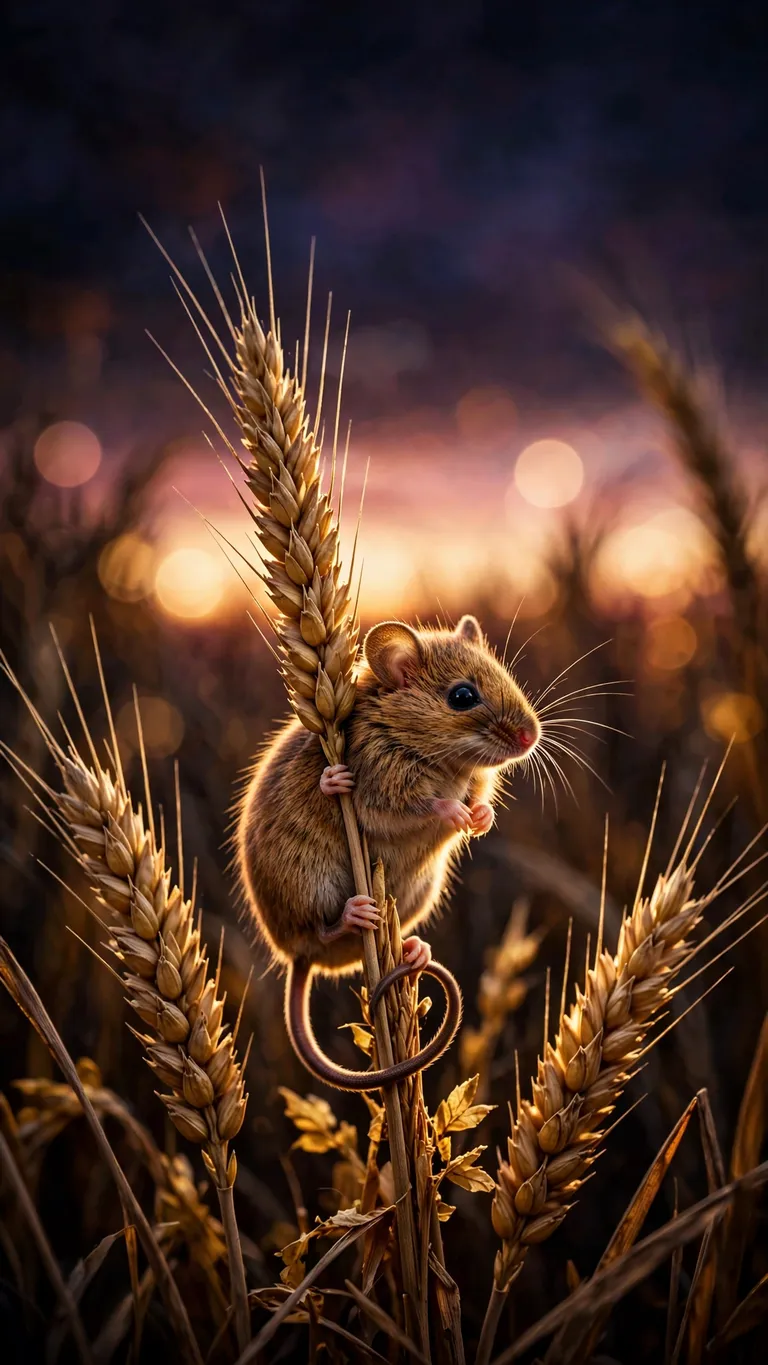 harvest mouse clinging to wheat stalk at sunset wallpaper