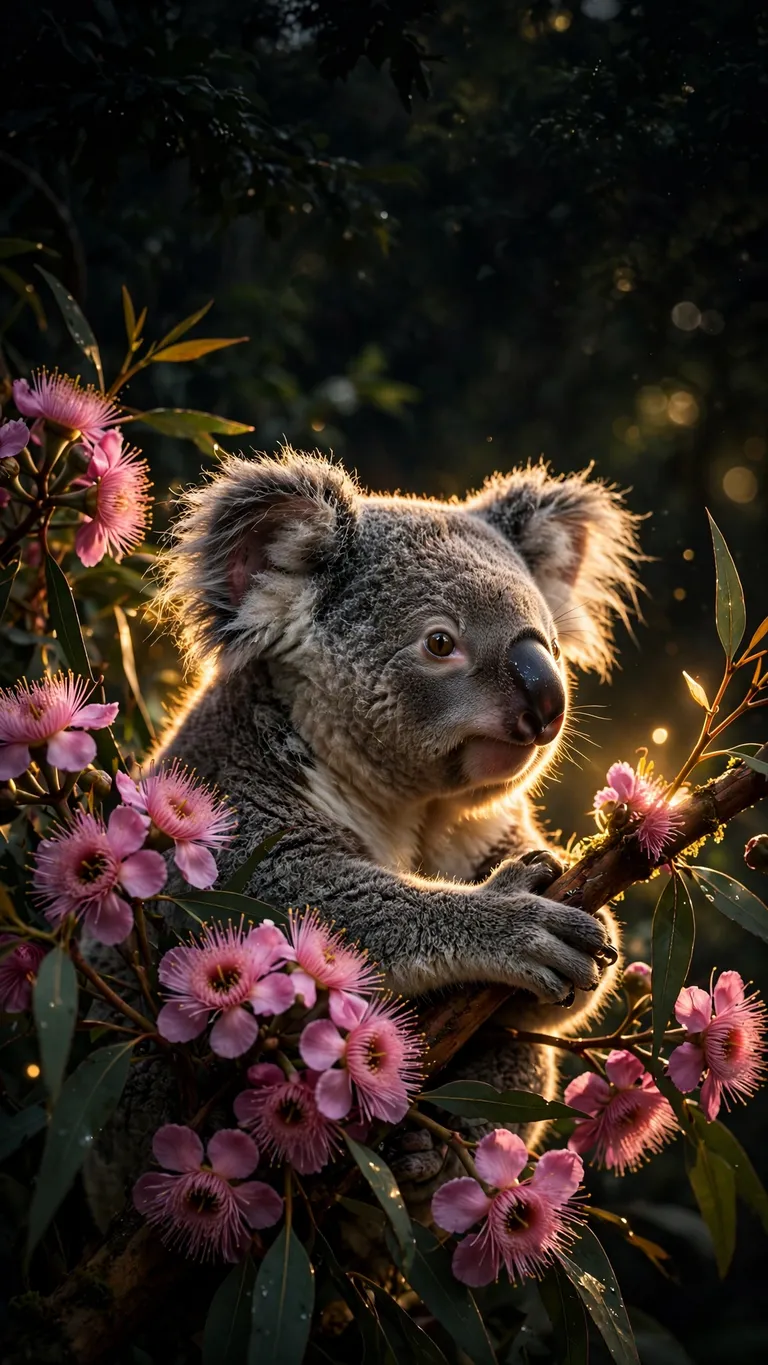 koala among pink eucalyptus blossoms wallpaper