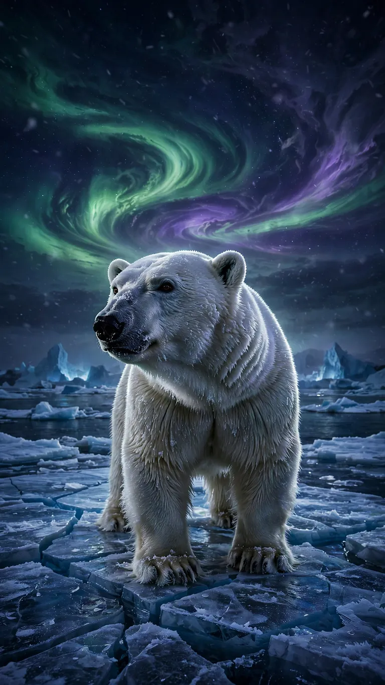 polar bear on ice under aurora borealis wallpaper