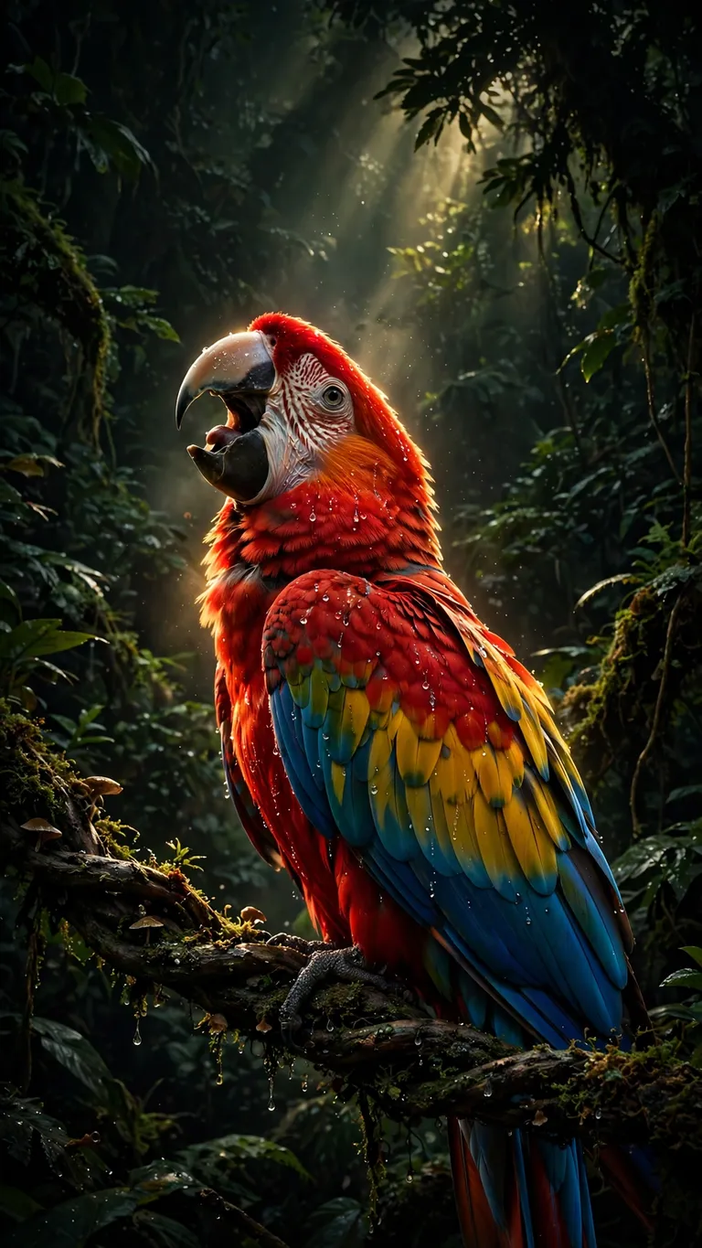 scarlet macaw parrot in rainforest canopy wallpaper
