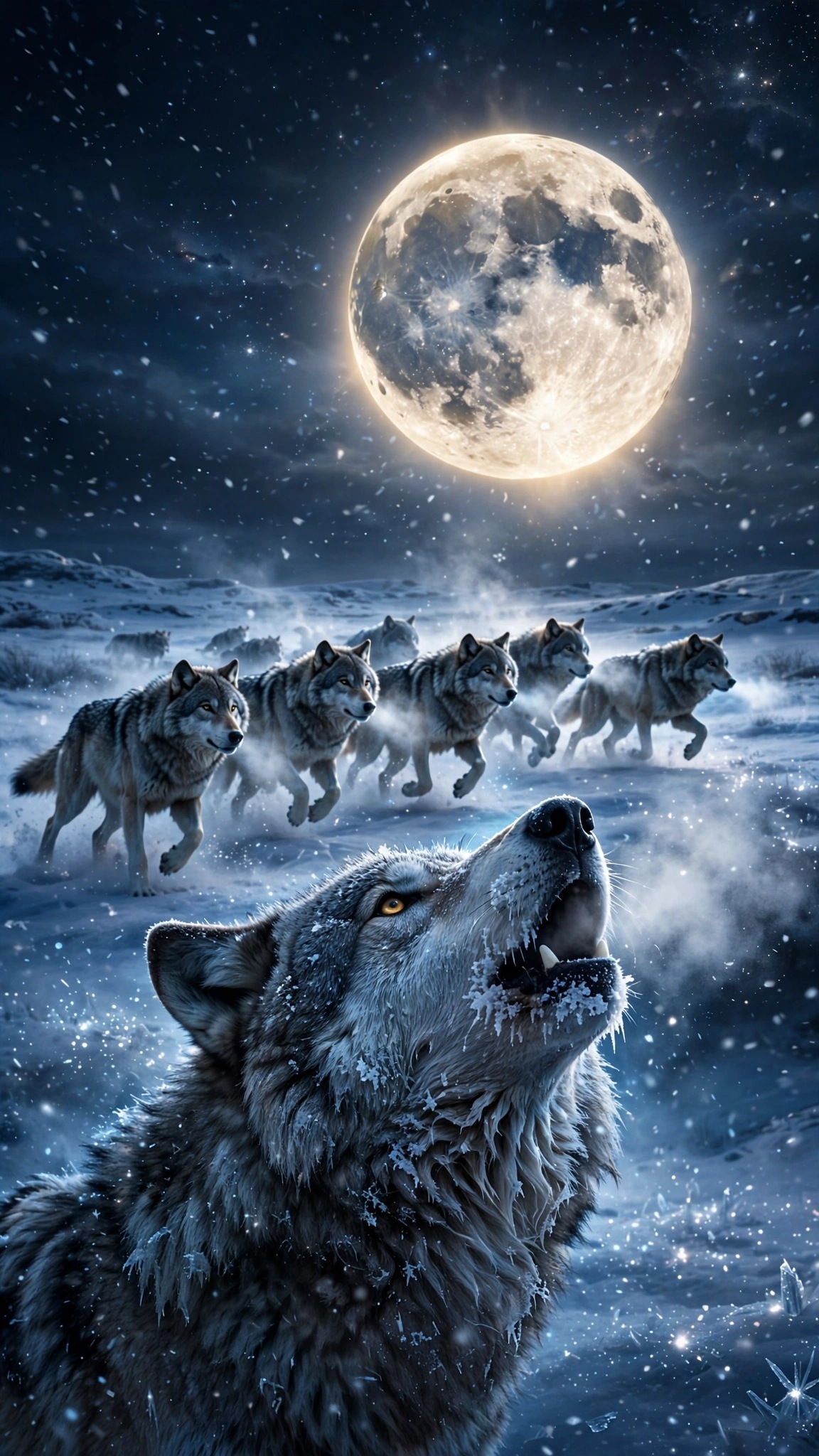 wolf pack running under full moon snowfield wallpaper