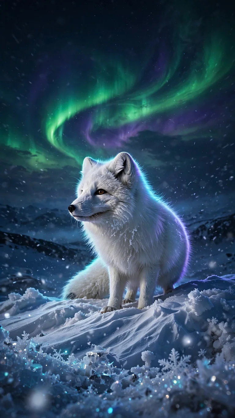 arctic fox under aurora wallpaper