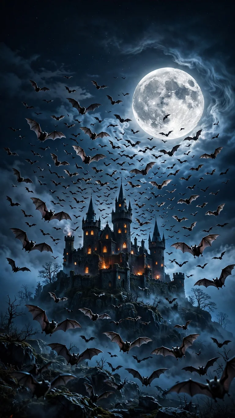 bat swarm over haunted castle wallpaper