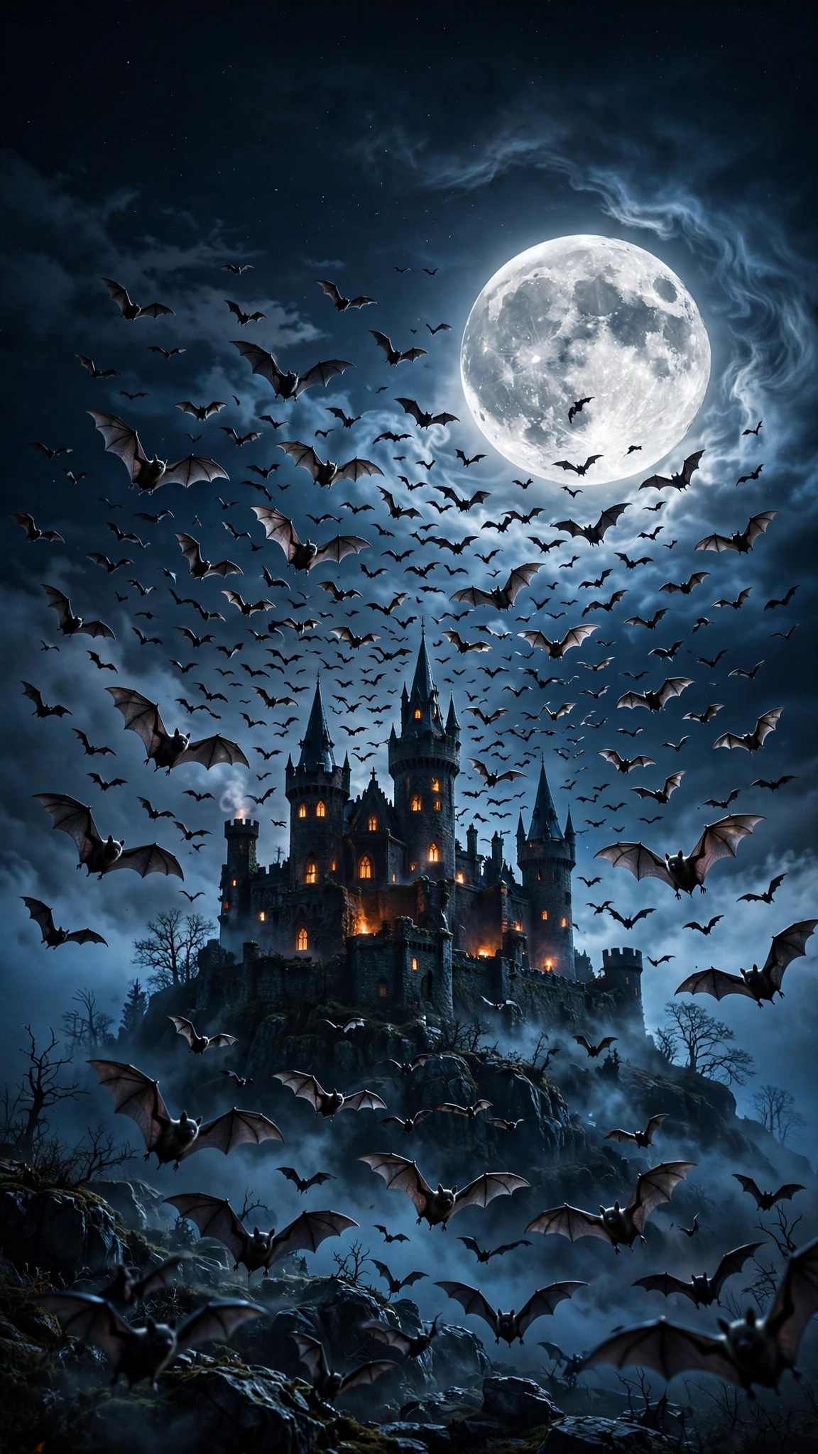 bat swarm over haunted castle wallpaper