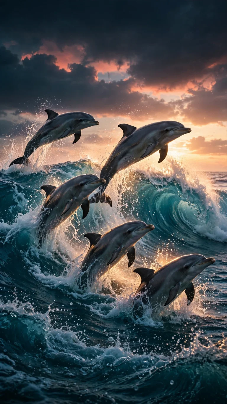 dolphin pod leaping at dawn wallpaper