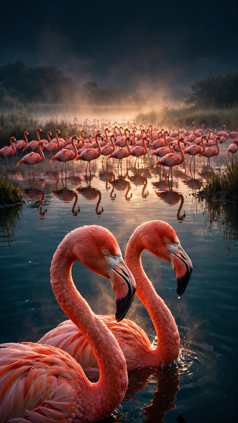 flamingo flock at sunrise lagoon wallpaper