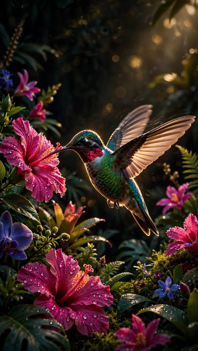 hummingbird among tropical blossoms wallpaper