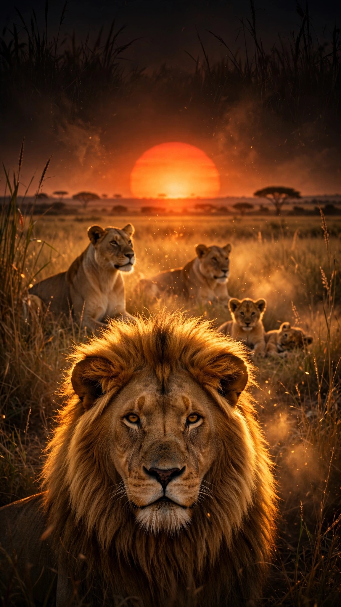 lion pride at sunset savanna wallpaper
