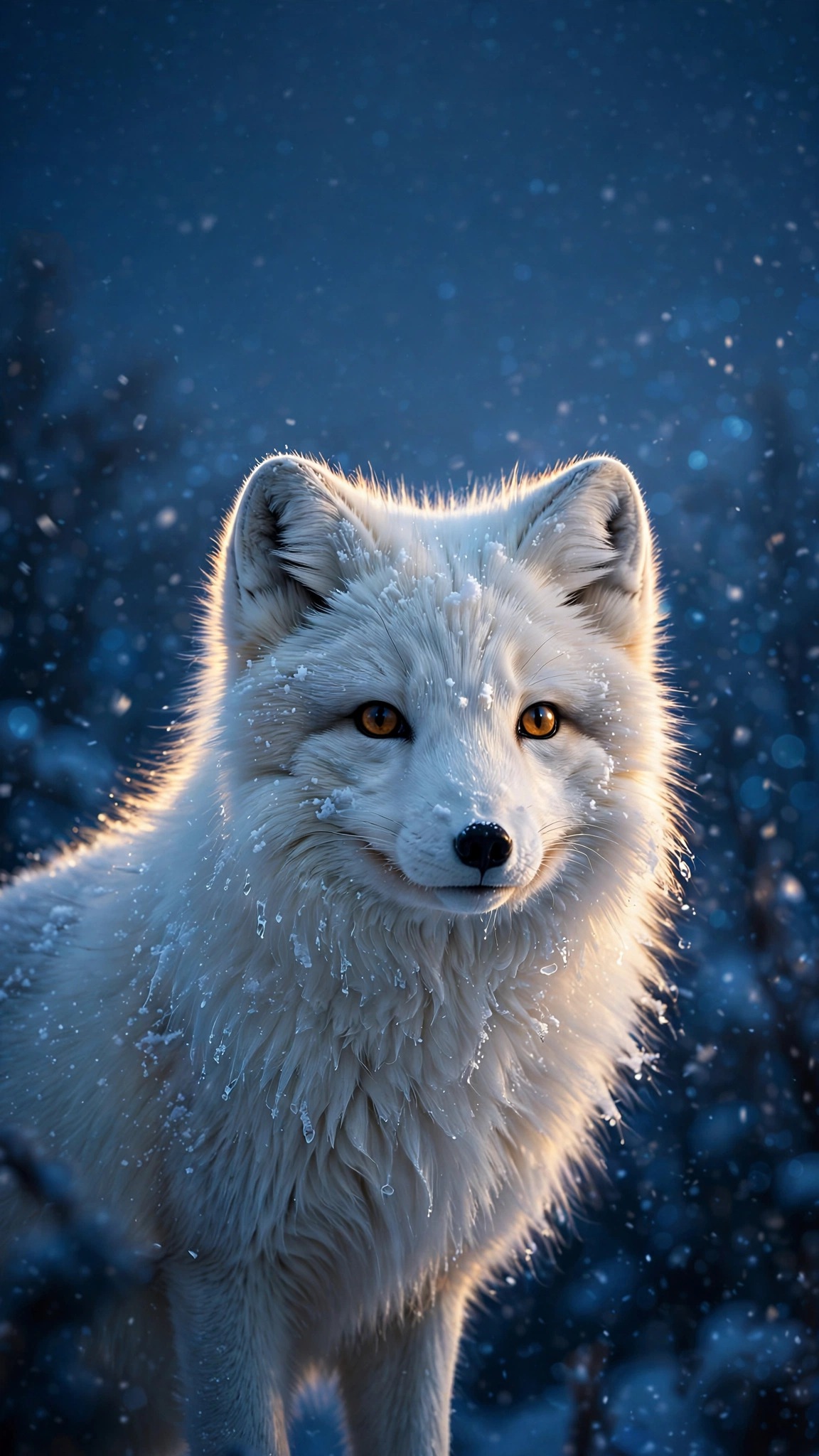 Fluffy arctic fox in falling snow with amber eyes